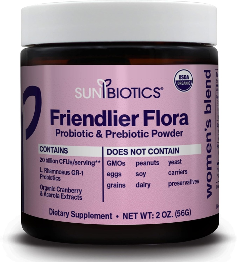 SUNBIOTICS Friendlier Flora - Miscela femminile, 20 miliardi di CFU di 6 Strains Probiotici, Donna Daily Digestive Vaginal & Immune Health, Non OGM e Gluten Free, 2 Ounce