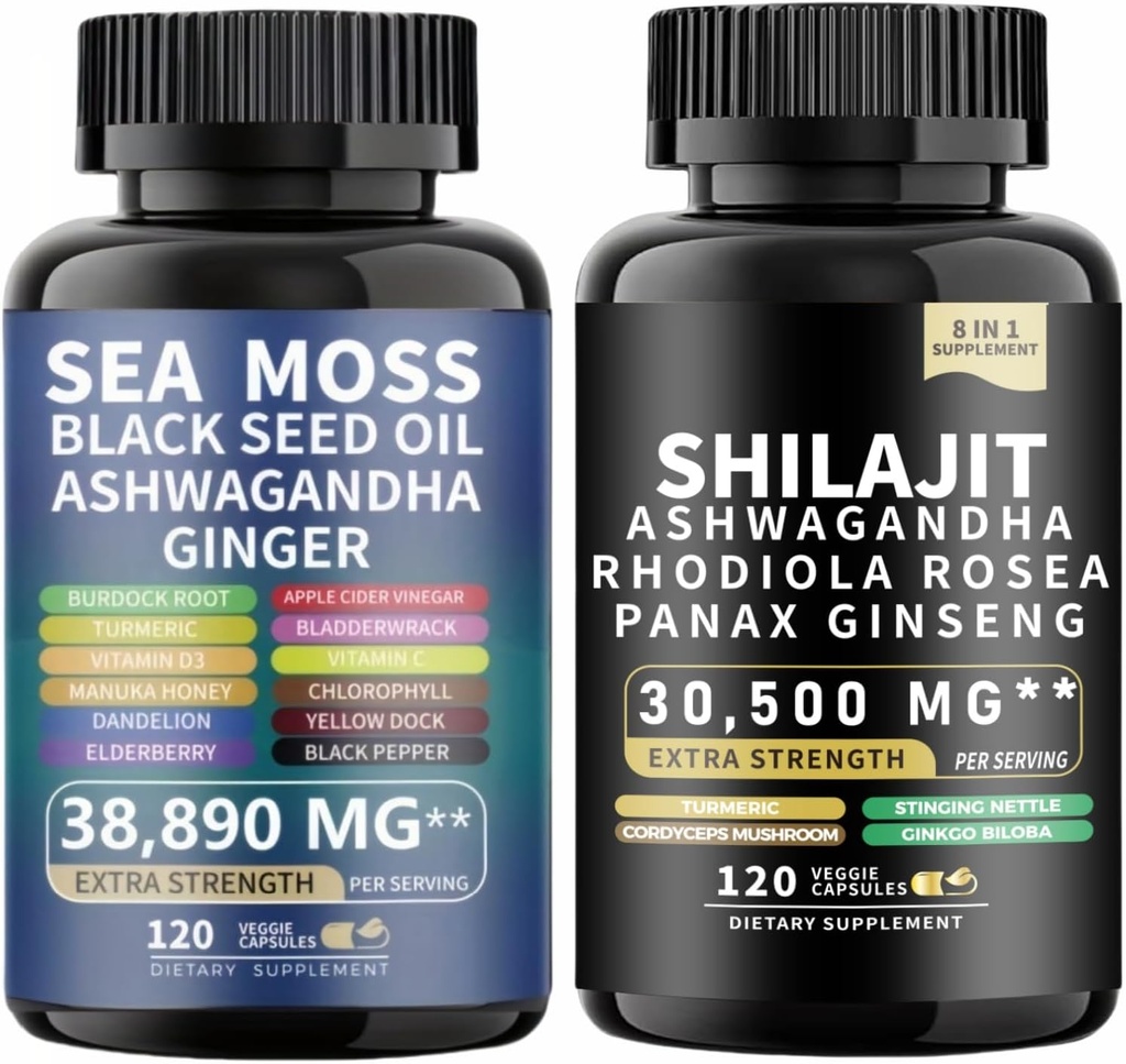Sea Moss e shilajit Sea Moss Black Seed Oil Ashwagandha Ginger&shilajit rhodiola rosea panax Ginseng (120 Count)