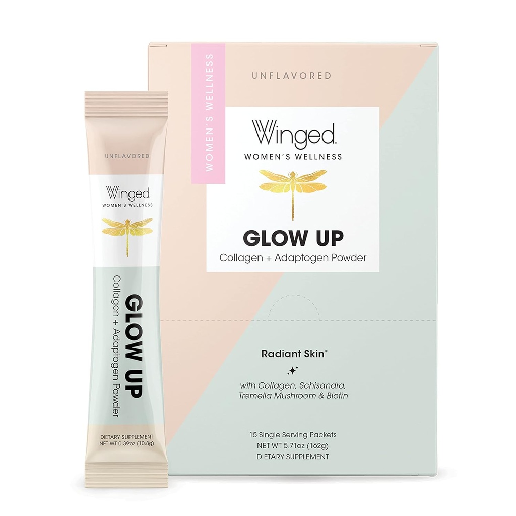 Polvere di collagene Winged Glow Up | Capelli migliori, Pelle, Unghie per le donne | Peptogen Peptides di collagene di erba W/Adaptogen Schisandra, Mushroom di neve, Vitamina C & Biotin | Non aromaed, Non Gmo, 15 Conte