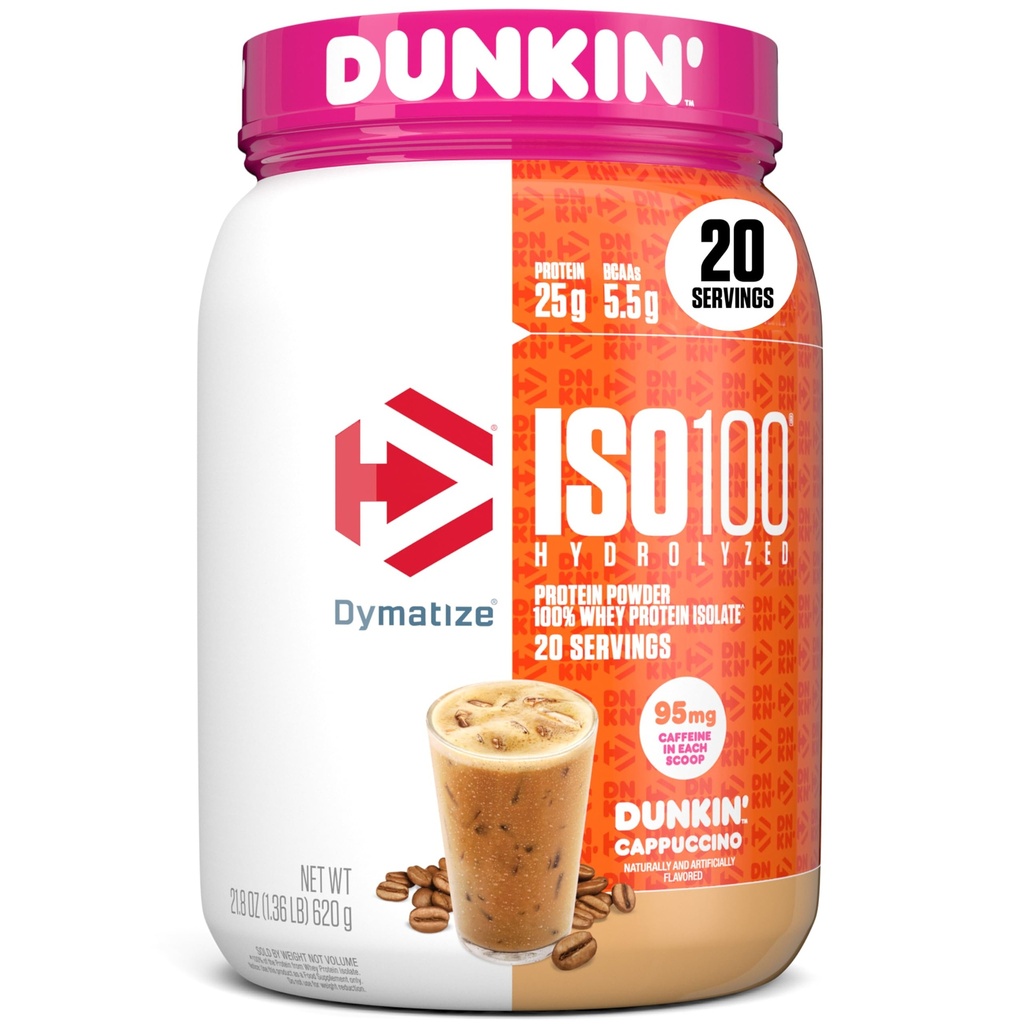 Dymatize x Dunkin' Cappuccino ISO100 Whey Protein Powder, 95mg Caffeina, 25g di Protein5.5g BCAAs, 120 Cal., Gluten Free, 1g Fat, 1g Sugar, 2g Carb (20 Servings)