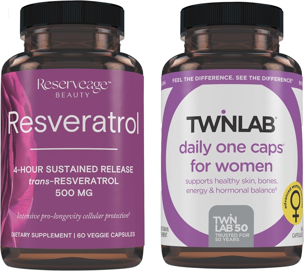 Risparmio di bellezza Resveratrolo 500 mg - Sustain-Release Trans-Resveratrolo - Vegan Antiossidante Supplemento per cervello e salute del cuore 60 capsule & Twinlab TWL Women's Daily One 60 ct