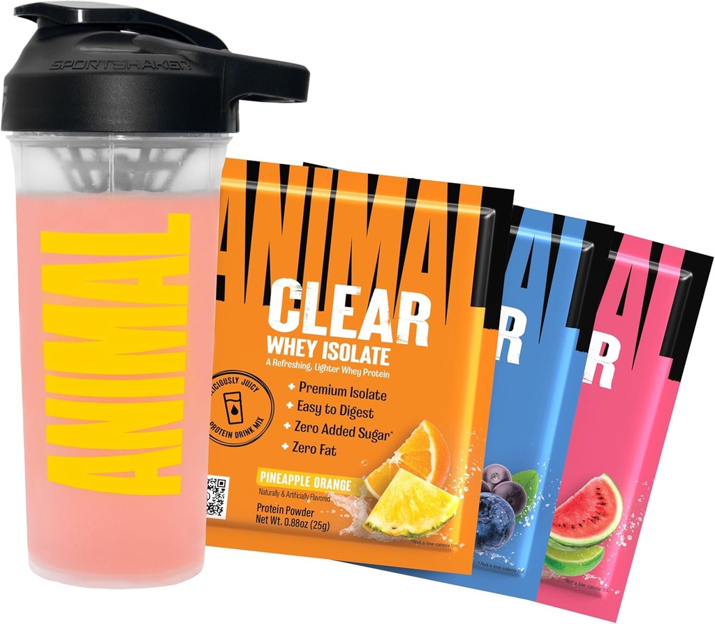 Animal Clear Whey Protein Isolate Sampler Pack & Shaker Bottiglia - Deliciously Juicy 20g Protein, Watermelon Limeade, Blueberry Acai, Ananas Orange, 3 Single-Serving Packets