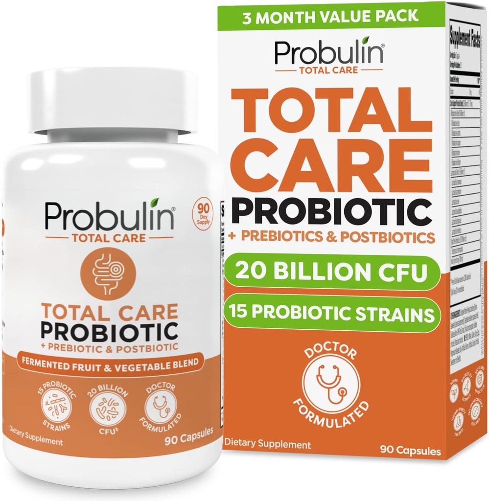 Probulin Total Care Probiotici Supplemento, Daily Gut, Digestivo e Immune Salute Probiotici Capsule per Uomini e Donne, 20 miliardi di CFU, Vegan, 90 Conte Bottiglia