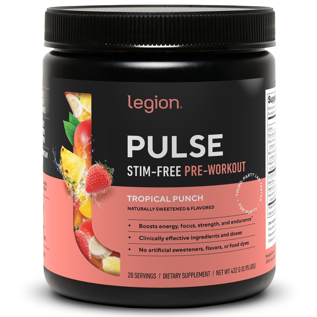 LEGION Pulse Pre Workout Supplemento - Tutto naturale Nitric Oxide Preworkout Drink per aumentare l'energia, Creatina Libero, naturalmente addolcito, Beta Alanine, Citrulline, Alpha GPC (Caffeine Free Tropical Punch)
