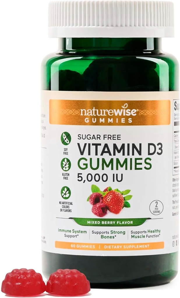 NatureWise Vitamin D3 5000 IU Gummies - Zucchero-Free Misto Berry Flavor - Vitamina D Gummies per Adulti, Supporta Immunità, Muscolo & Bone Forza - Gelatin-Free, Non OGM- 60 Gummies[1-Month Supply]