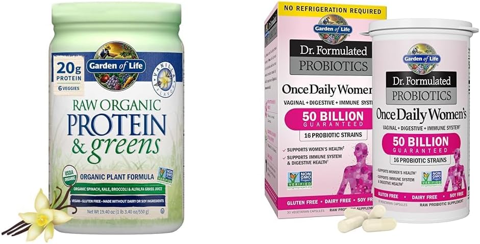 Vaniglia di proteine organiche crude del giardino di vita e verdi - polvere proteica vegana per le donne e il Dr. Formulato Probiotici femminili una volta al giorno, 16 strati, 50 miliardi, 30 conte