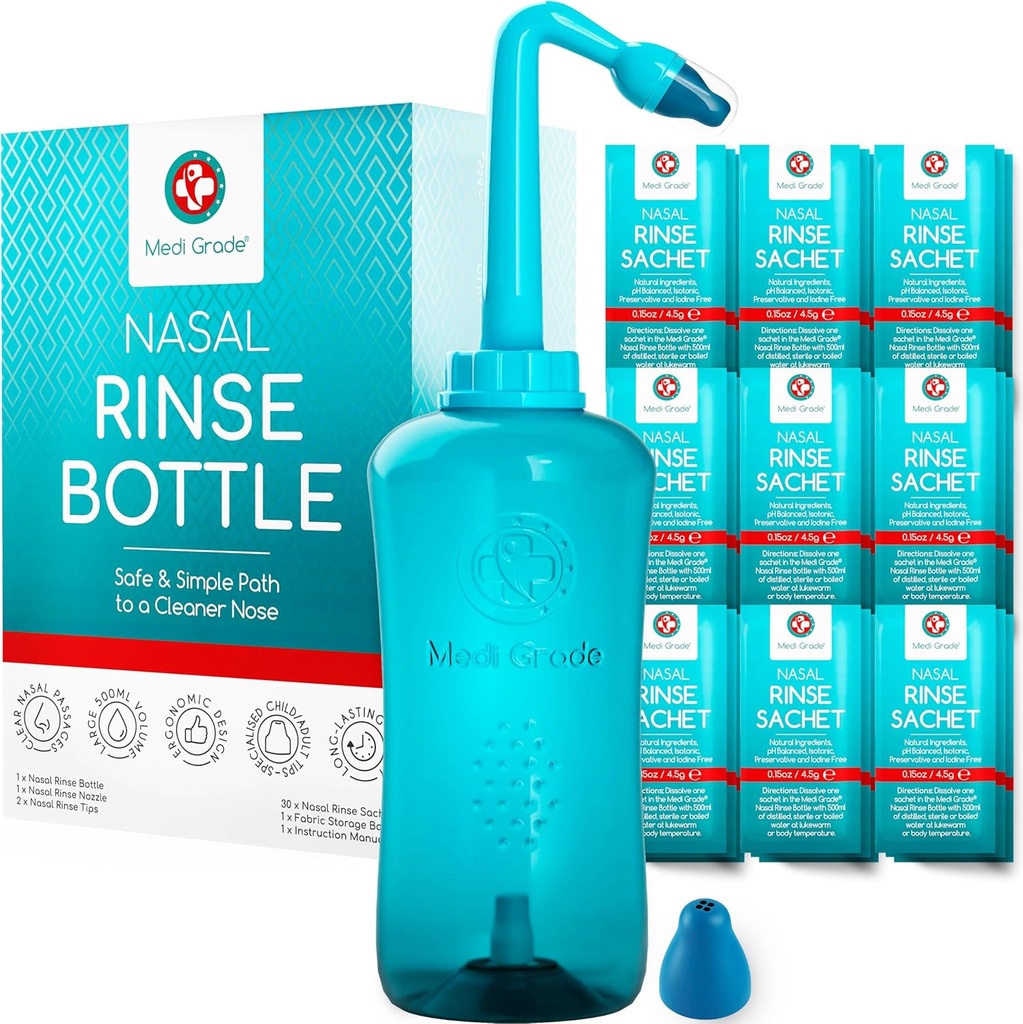 Medi Grade Sinus Rinse Bottiglia, 500ml con 30 Sinus Rinse Packets - Sistema di Irrigazione Nasale completo - Pulitore di Nose Neti Pot - Kit Nasal Wash per la casa o il viaggio - 2 Consigli di Risciacquo Nasale e Borsa di stoccaggio