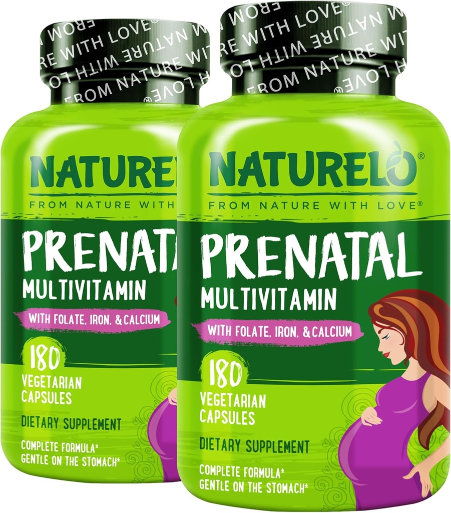 NATURELO Prenatal Multivitamin con Gentle Chelated Iron, Methyl Folate, Plant Calcium & Choline - Vegan, Vegetariano - Non OGM - Gluten Free - 180 Capsule - 4 Mesi di Alimentazione (Pack of 2)