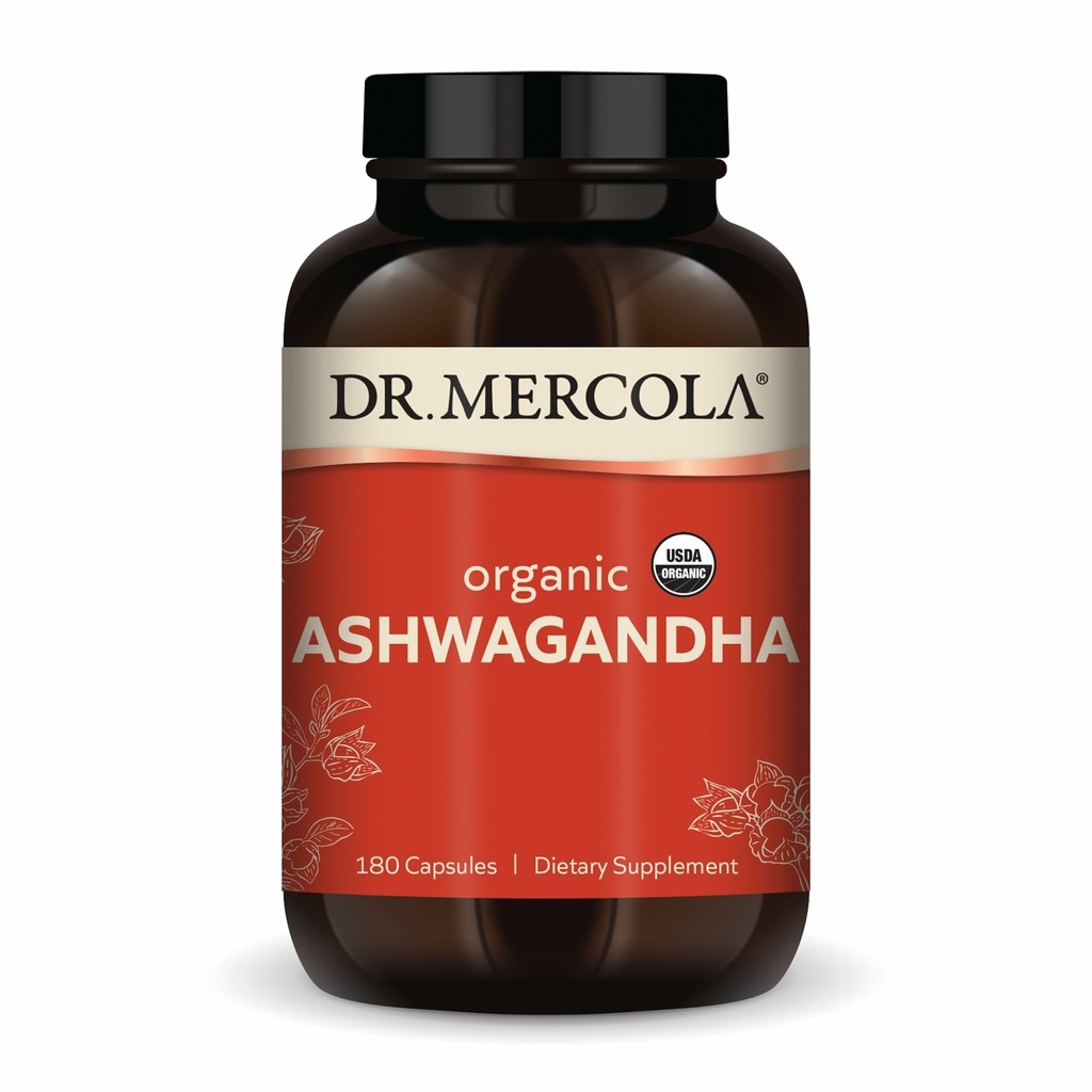 Dr. Mercola Organic Ashwagandha - Supporta la produzione di energia e la salute surrenale - 800 mg Per Serving - Non OGM, Gluten-Free & Soy-Free - Certificato USDA Organic - 180 capsule (90 Serve)