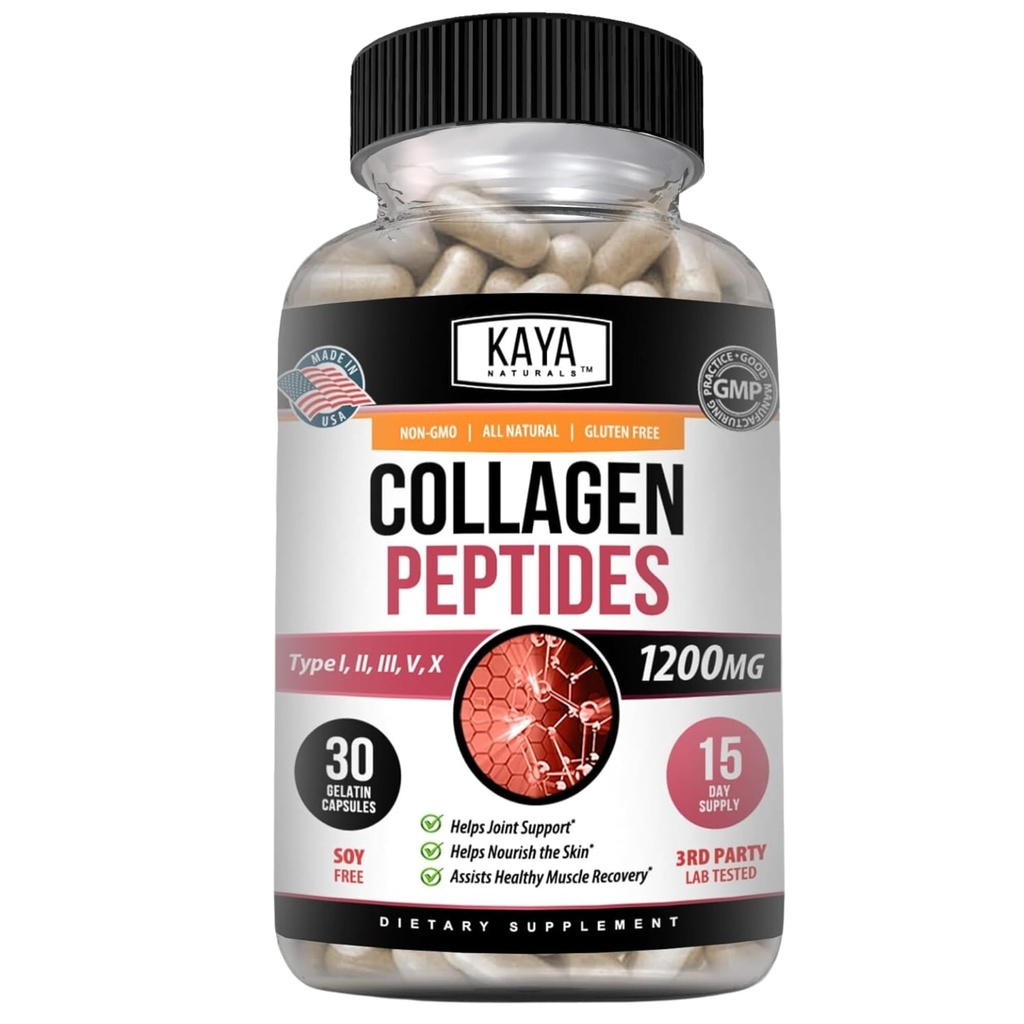 Kaya Naturals Multi Collagen Peptides polvere complessa per le donne e l'uomo, vitale per capelli, pelle, unghie e anti-invecchiamento, tipi I, II, III, V & X Collagen Protein Blend | Capsules - 30 Count Supplement