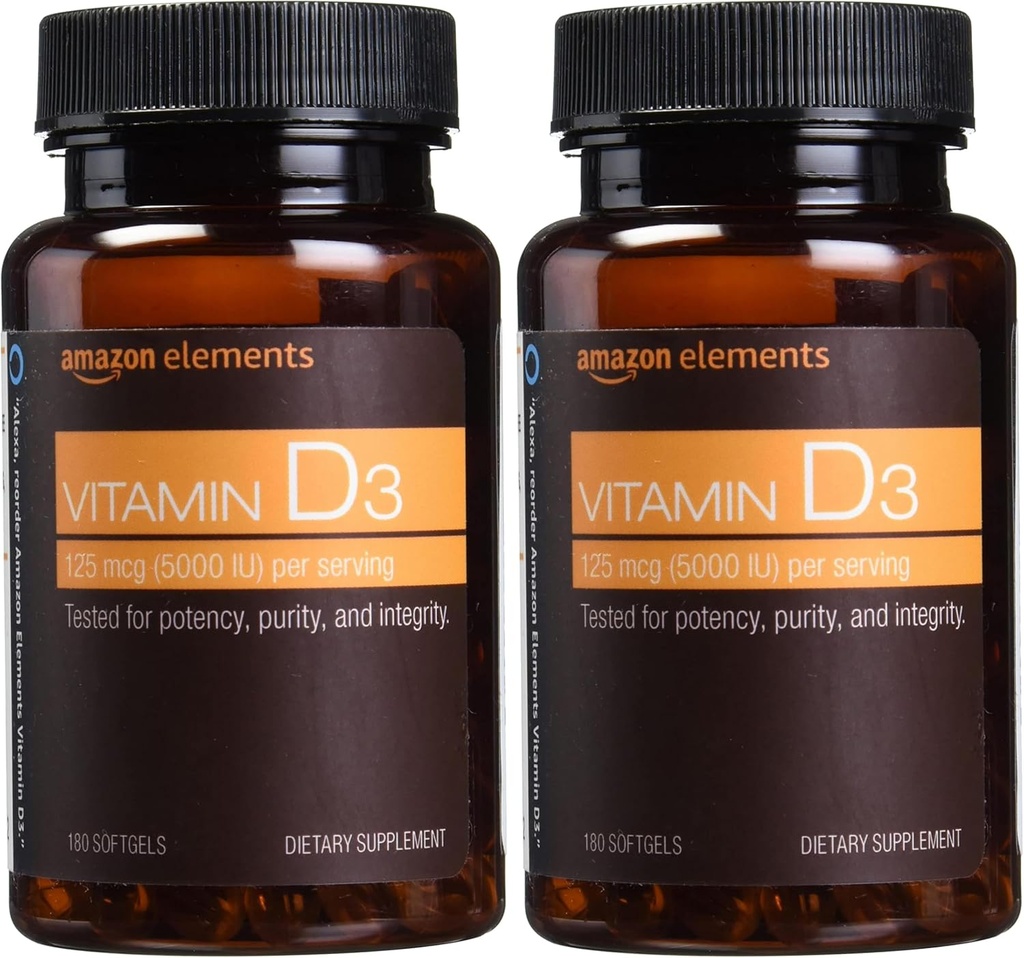 Elements Vitamin D3, 5000 IU, 180 Softgels, 6 mesi di alimentazione (Packaging May Vary), Supporta le ossa forti e la salute immunitaria (Pack of 2)