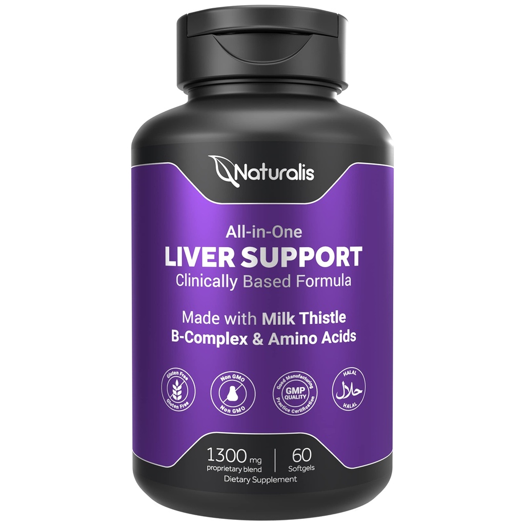 Naturalis Silymarin Milk Thistle 1300mg Migliorato con B Complex & Aminoacidi | 13-in-1 Liver Cleanse, Detox & Repair | 60 Liver Essential Softgels