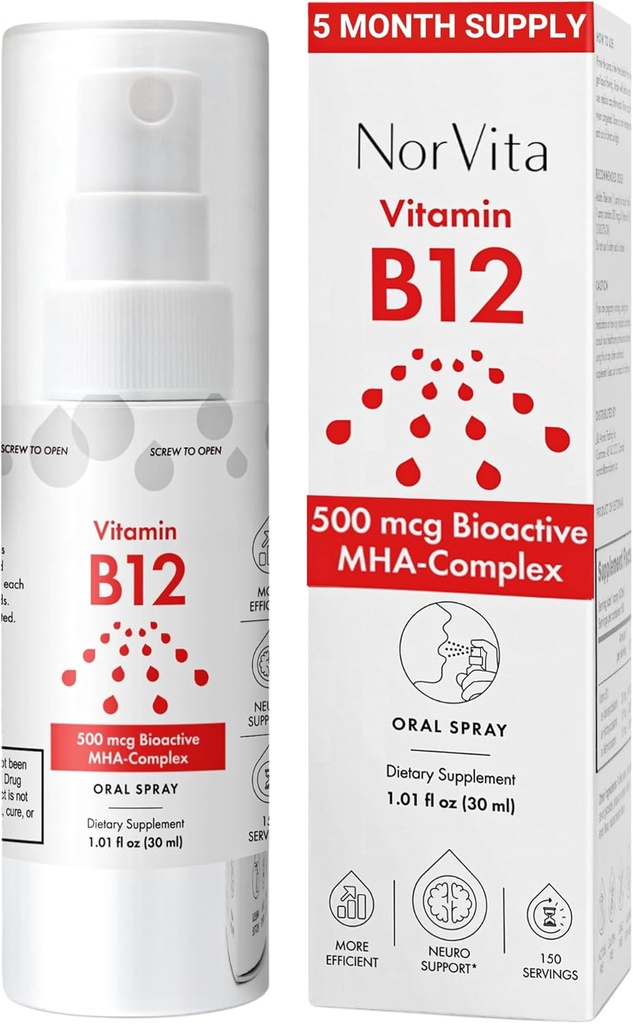 Vitamina B12 Spray 500 mcg (150 Serve) - Complesso MHA ad assorbimento rapido (metilcobalamina, idrossicobalamina, Adenosylcobalamin) - Vegan, Non OGM, Liquido B12 Supplemento