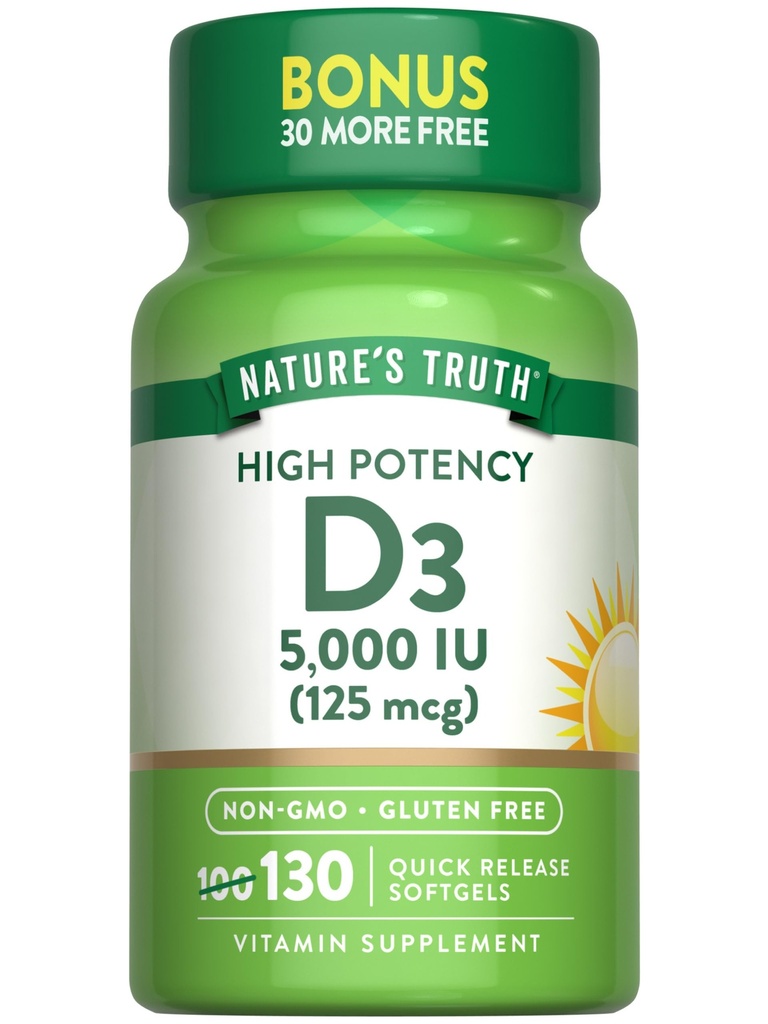 Vitamina D3 5000 IU Softgels | 130 Conte | Alta potenza | Non OGM & Gluten Integratore gratuito
