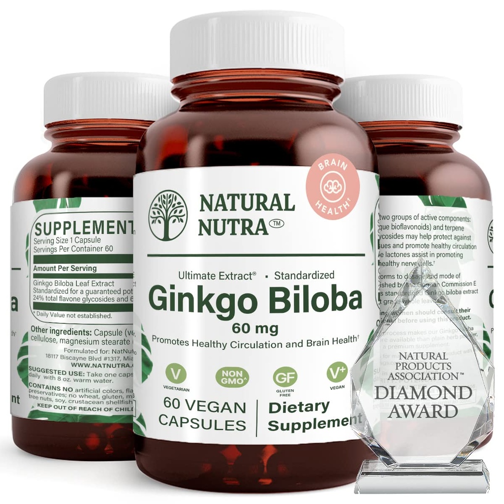 Nutra Naturale Ginkgo Biloba, Migliora la Circolazione alla Memoria del cervello e migliora, aumenta il flusso di ossigeno, e migliorare la funzione del cervello, Support Nerve Health, Vegan e Gluten Free, (60) Capsule