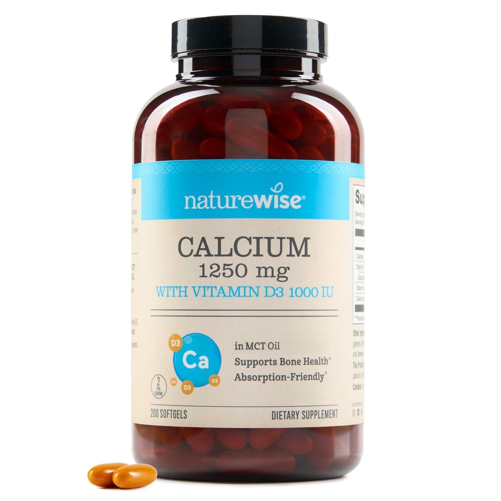 NatureWise High-Purity, All-Natural Calcium 1250mg + Vitamina D3 1000IU + Organico MCT Coconut Oil - Gravidanza Sicuro + Non-OGM - Absorption Friendly, Gluten Free - 200 Softgels[100-Day Supply]