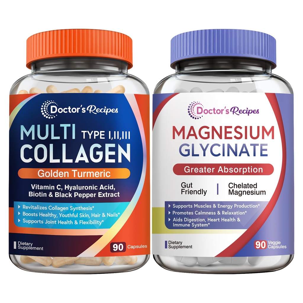 Medico Ricette Multi Collagen Complex & Magnesio Glycinate Bundle, Intero Corpo ringiovanimento, Rilassamento & Rilievo, Collagene Capsule 90 ct & Magnesio Capsule 90 ct