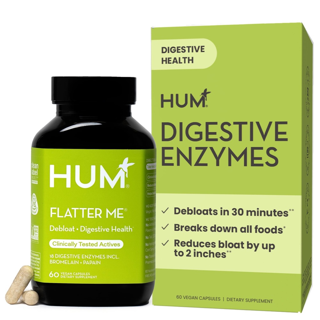 HUM Flatter Me Enzimi digestivi per le donne e gli uomini, supplemento di Bloating della salute digestiva con foglia di zenzero e menta piperita, rapido agisce anti Bloat Pills Multi Ezyme per il debuglio, Vegan, 60 capsule