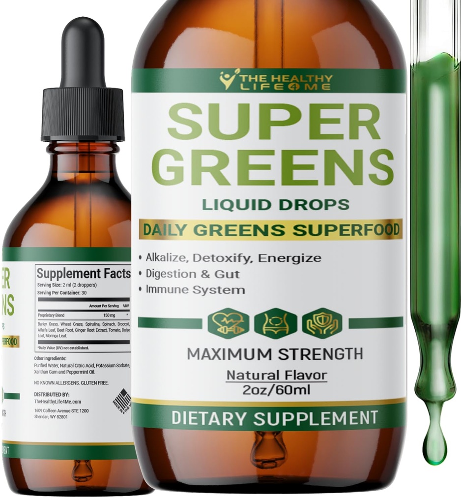 Liquid Super Greens Drops | Potenti Antiossidanti | Supporto Immune | Salute Digestiva | Peppermint Flavor | by The Healthy Life for Me | 2oz - 30 Day Supply