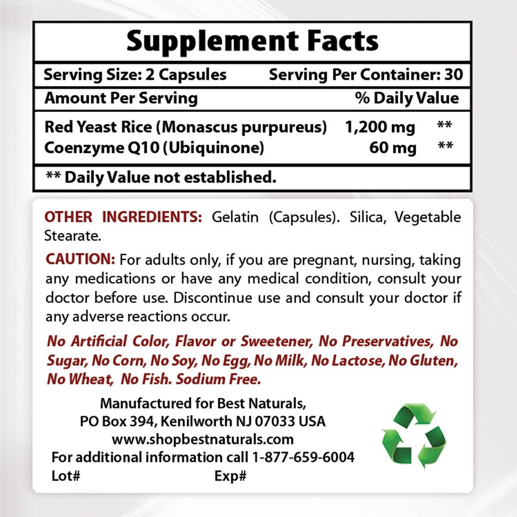 Best Naturals Riso di lievito rosso con COQ10 & Niacin 500 mg