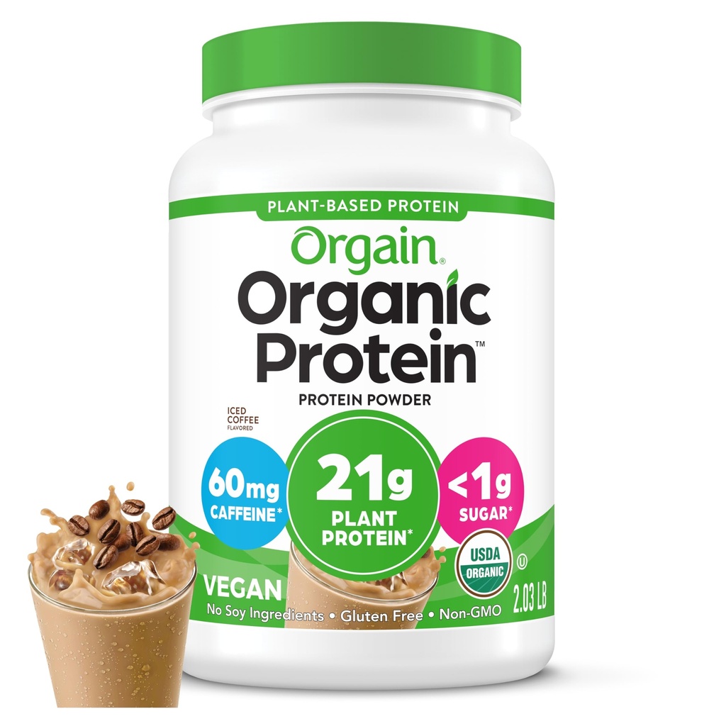 Orgain Organic Vegan Protein Powder, Iced Coffee - 21g Proteine delle piante, 60 mg di caffeina, Carbo basso netto, Nessun Lattosio ingredienti, Non Aggiunto Zucchero, Non OGM, Per Shakes & Smoothies, 2.03 lb