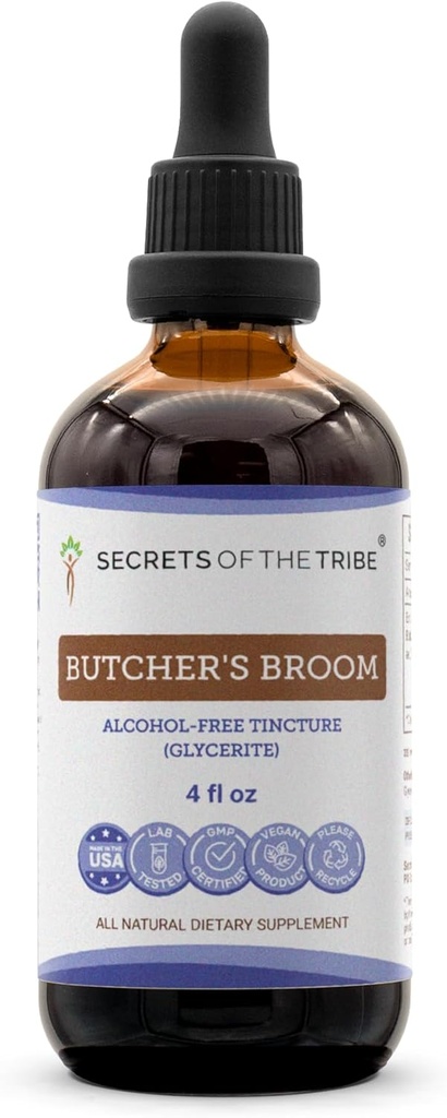 Segreti della tribe macellaio Tincture Alcohol-Free Liquid Extract, Butcher's Broom (Ruscus aculeatus) Dried Root (4 FL OZ)