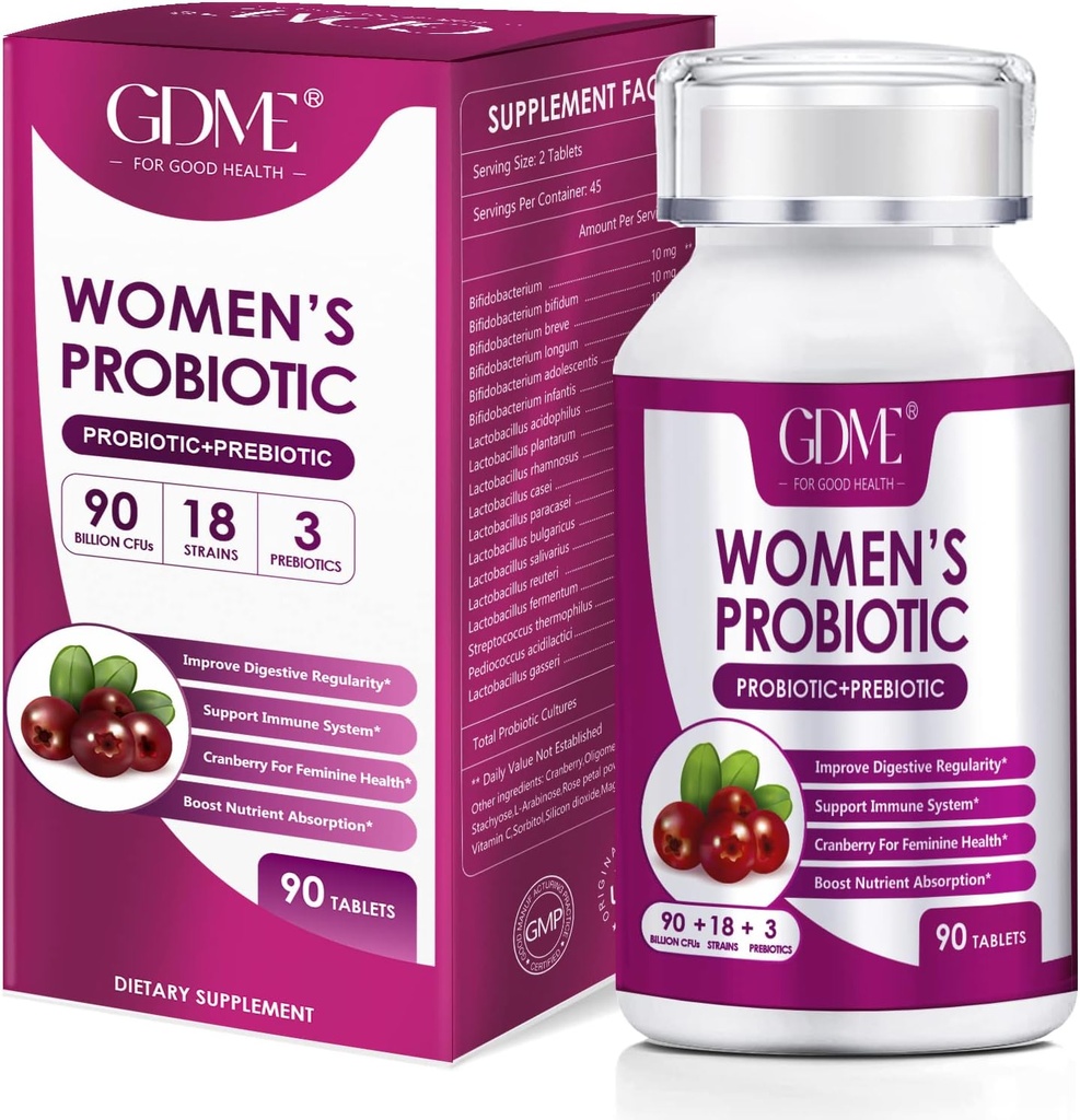 GDME Probiotici donna, 90 compresse 90 miliardi di CFU 18 Strains, contiene mirtillo prebiotico organico, integratore probiotico per la digestione, immunità, salute delle donne, latticini di soia senza glutine