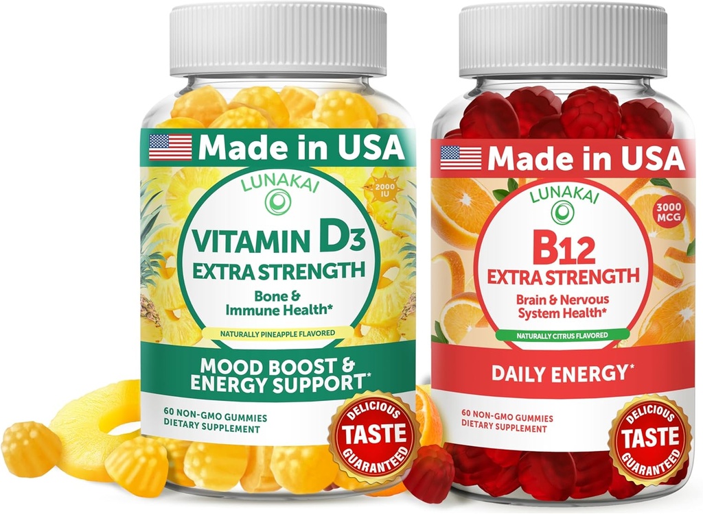 Lunakai Vitamin D3 e Vitamina B12 Gummies Bundle - Immunità, Bone e Mood Support VIT D3 2000IU Supplemento - 3000mcg Methylcobalamin High Absorption Energy Gummy - 30 giorni di alimentazione