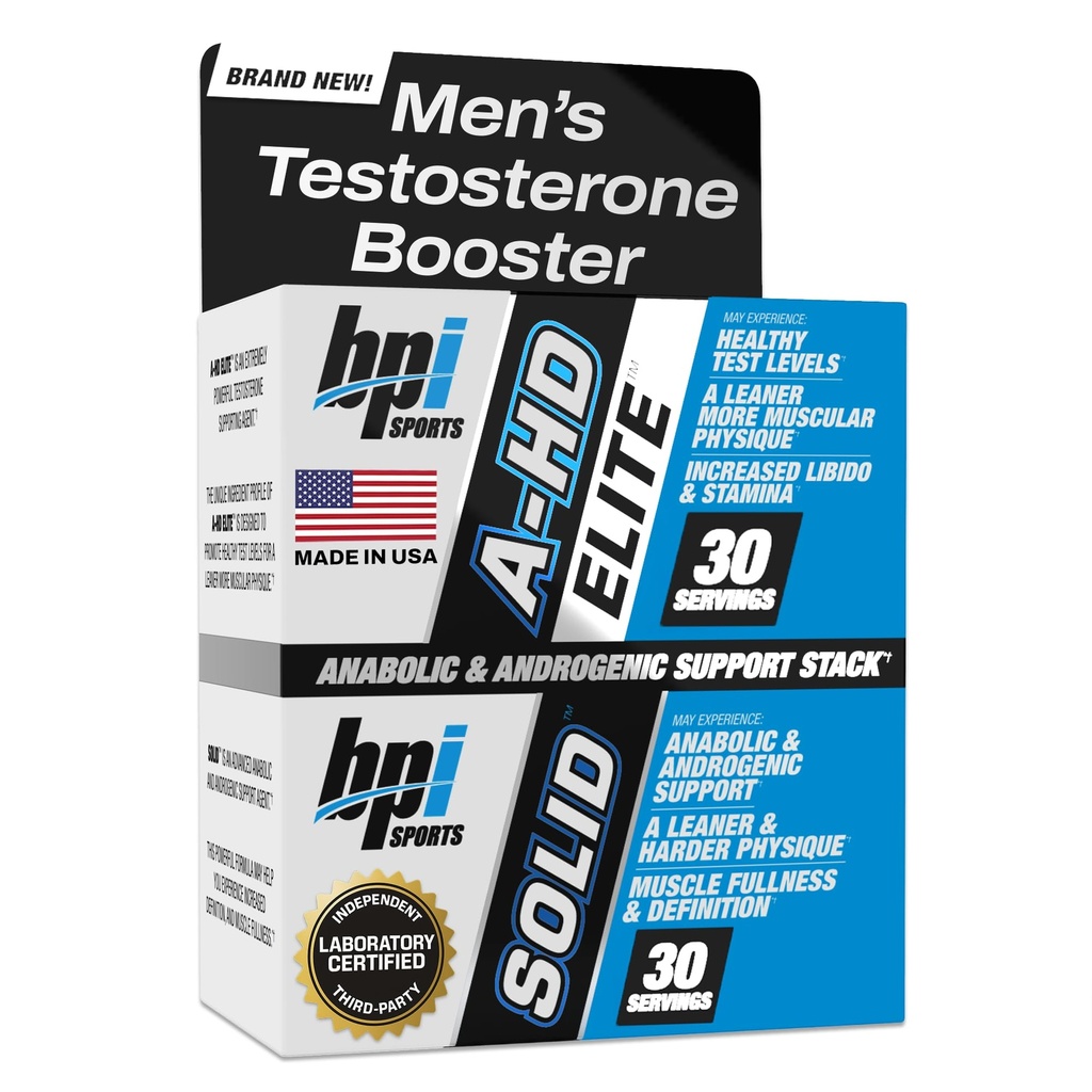 BPI Sports A-HD Elite/Solid Testosterone Booster per gli uomini - Supplemento di testosterone per muscolo, resistenza, Libido & Performance Support - promuove la perdita di grasso naturale – 30 Serve – 550mg