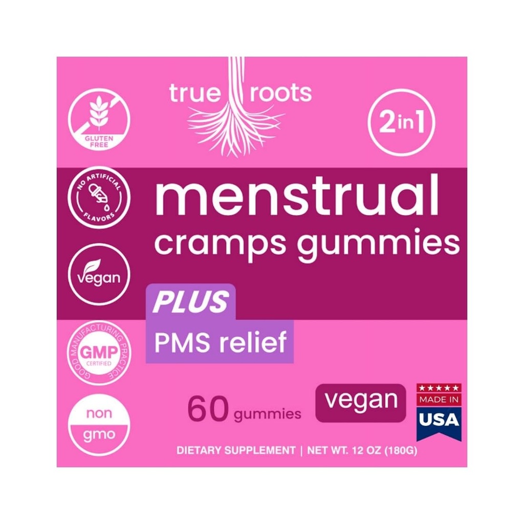 Menstrual Cramp Periodo Gummies True Roots | Supplemento di supporto PMS per le donne | Flusso sano | Rilievo di ciclo mestruale di Flo PMS, Cramping e Bloating | Vegan & Natural Flavors | 60 Conte