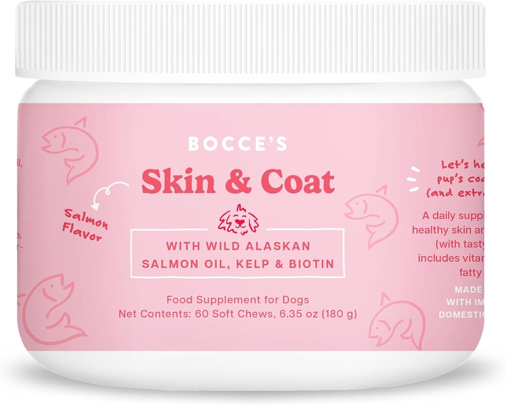 Bocce's Bakery Skin & Coat Supplement per cani, chews giornalieri fatti negli Stati Uniti con vitamina E & acidi grassi essenziali, Supporta la pelle sana & Coat, Salmone, 60 ct, Rosso (DG-SP-SKIN60)