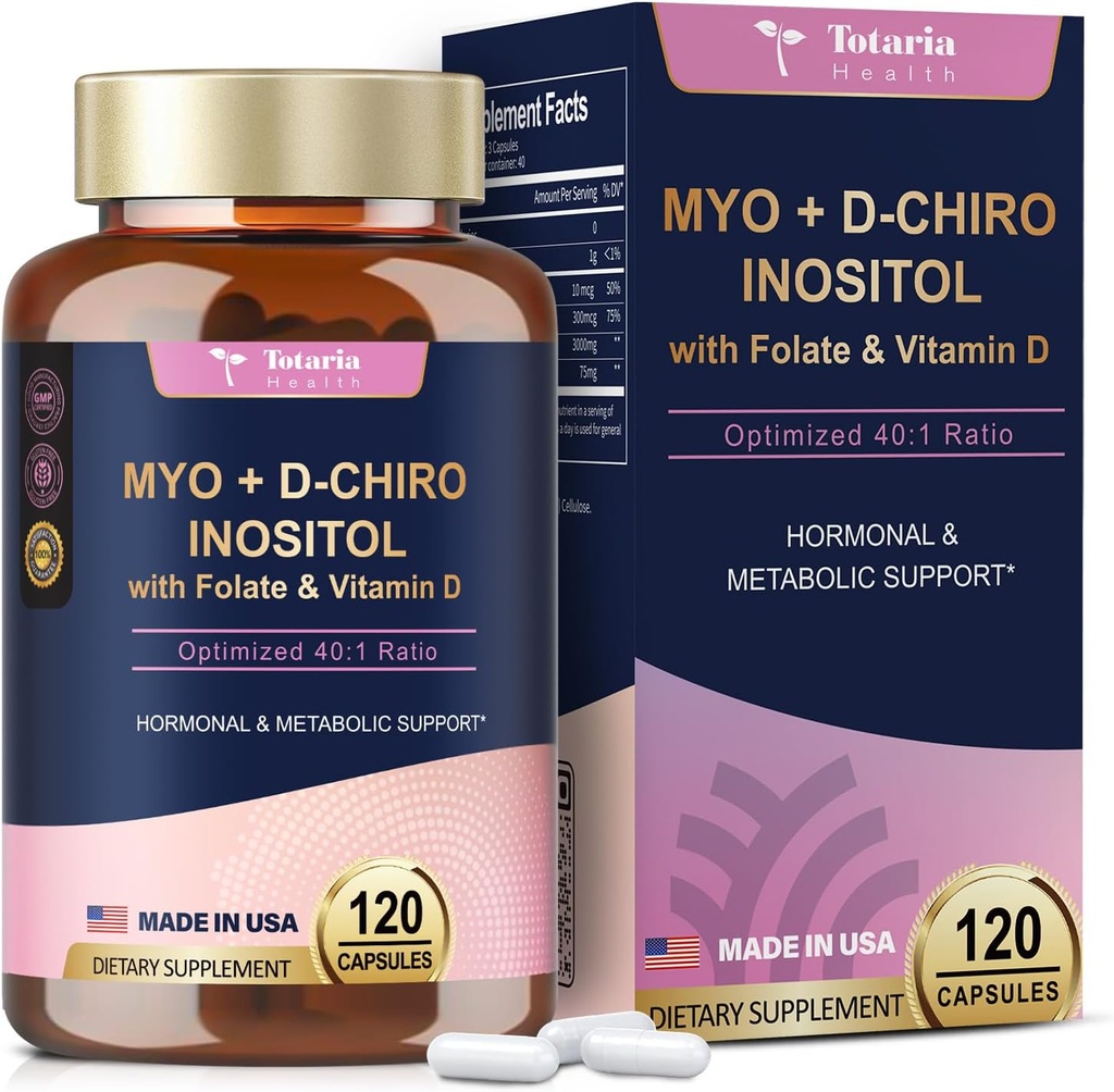 Totaria Inositol Supplemento - 3075mg Myo-Inositol & D-Chiro Inositol Capules Plus Vitamin D3, Folate, Ideal 40:1 Ratio - Equilibrio ormonale per le donne e l'ovario* Supporto | Vegan, Non OGM - 120 Caps