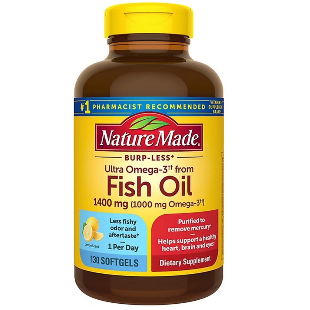 Natura Made Ultra Omega-3 Burpless Fish Oil 1400 mg Softgels w. Omega 3 1000 mg 130 Ct