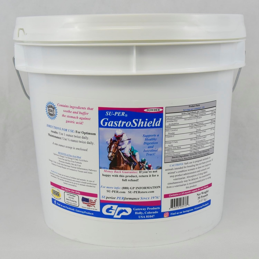 SU-PER GastroShield Equine Probiotics Powder - Supplemento di digestione di cavalli per la salute gastrica - Supporta la digestione sana e il tratto intestinale - 20 pound, 10 mesi di alimentazione