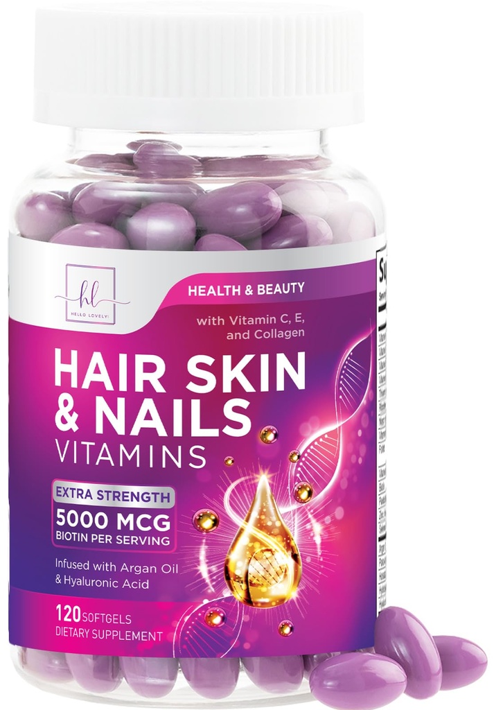 Hair, Skin & Nails Vitamins for Women - Biotin 5000mcg per sostenere la crescita dei capelli con l'olio di Argan, il collagene e l'acido ialuronico, bella, pelle più forte, Hair & Nails Vitamin Supplement - 120 Softgels