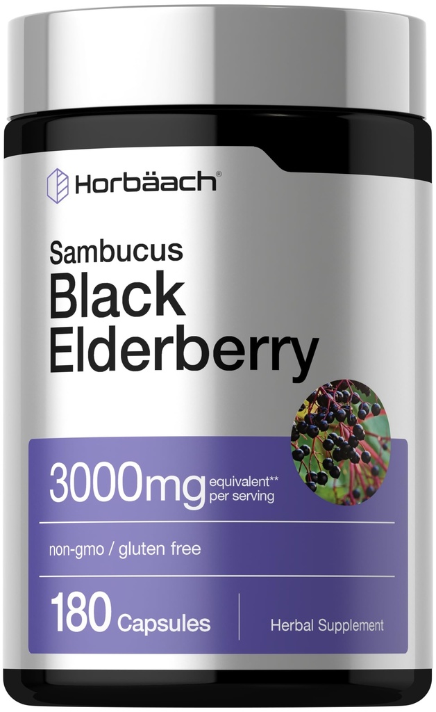 Horbäach Black Elderberry | 3000mg Capsule | 180 Count | Non OGM, Gluten Free | Sambucus Extract Supplement
