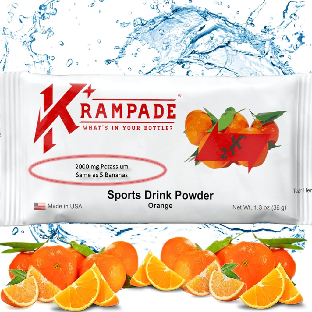 Krampade Original 2K - 2000 mg Potassium Electrolyte Powder Drink Mix | Cramp Relief - Idratazione - Aumentare le prestazioni | Arancione - 20 singoli Packets