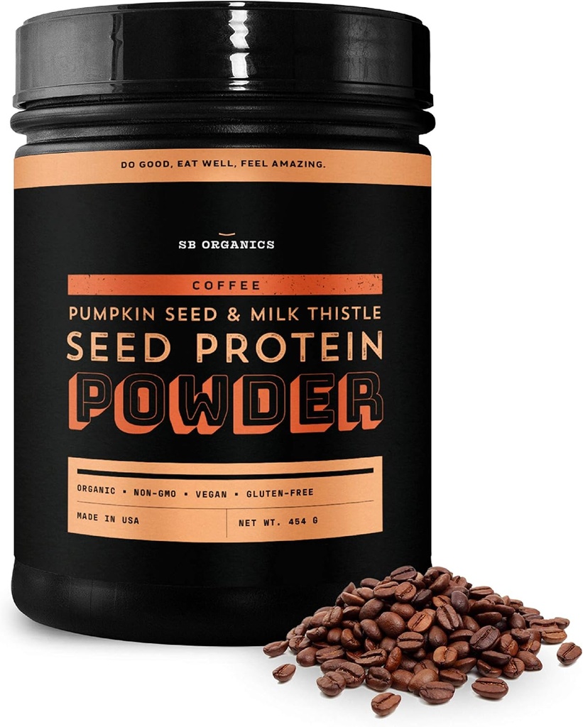 Sun Bay Organics Pumpkin and Milk Thistle Seed Vegan Protein Powder - 1lb Canister - Coffee Plant Based Protein Powder Shake Mix - 13g Protein Blend - Soy, Dairy, Sugar e Gluten Free