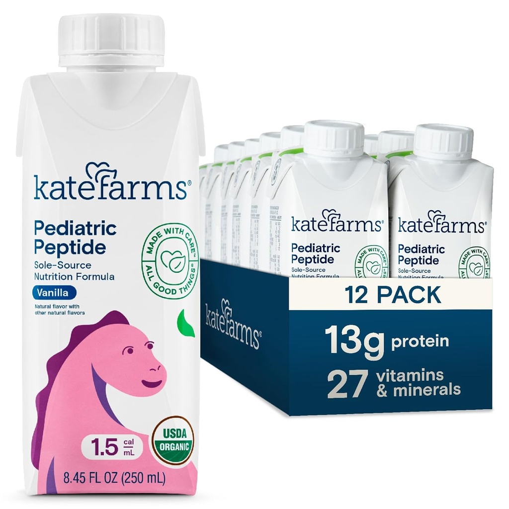 KATE FARMS Organic Pediatric Peptide 1.5 Formula, Vanilla, Sole-Source Idrolizzata Nutrizione vegetale per alimentazione orale o tubo, 8.45 oz (12 confezione)