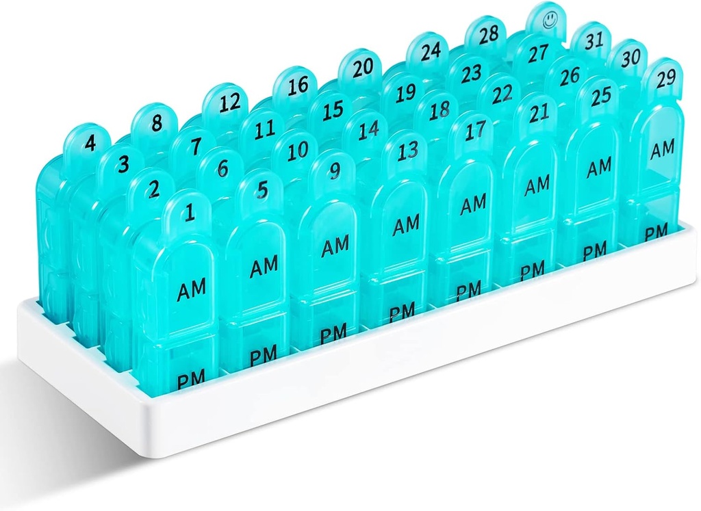 Daviky mensile Pill Organizer 2 volte al giorno, 30 giorni Pill Box AM PM con contenitore separato, One Month Medicine Case Twice a Day to Hold Vitamins, Supplements and Medicine (Cyan)