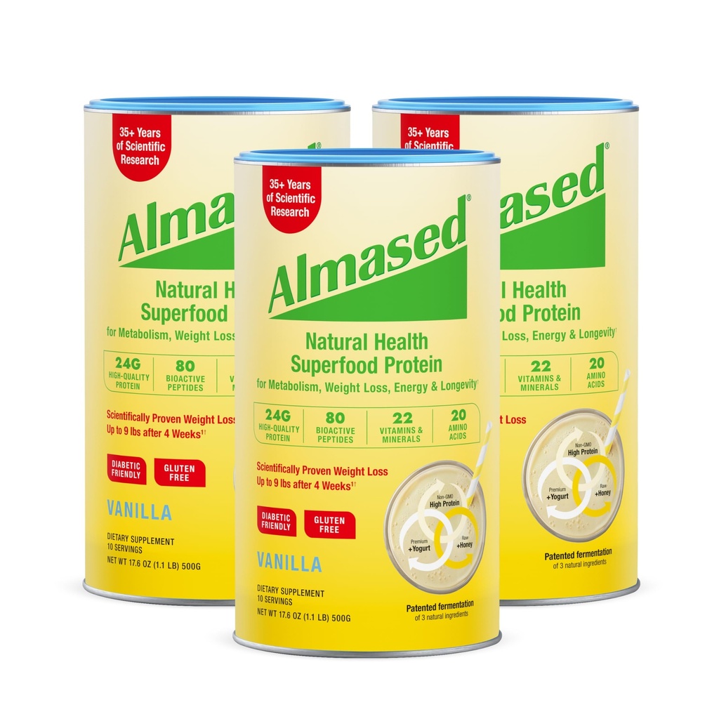 Agitazione di sostituzione della farina di vaniglia almased - Basso-Glycemic High Plant Base Protein Powder- Integratore nutrizionale del supporto alla salute del peso - Vanilla Flavor - 17.6 oz (1.1 Pound (3 Pack)