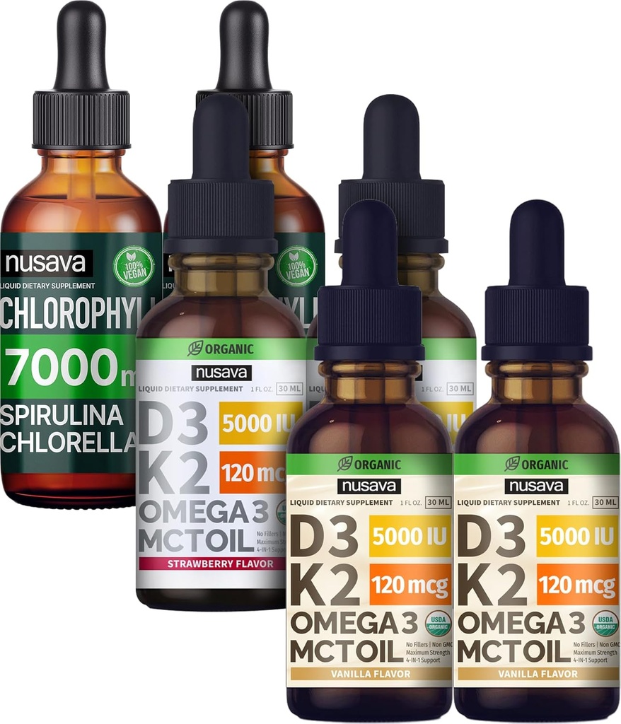 Gocce D3 K2 aromatizzate alla fragola NUSAVA, gocce D3 K2 aromatizzate alla vaniglia, gocce liquide di clorofilla Bundle - Potenti vitamine liquide per cuore, giunto, energia e supporto immunitario - Non-GMO, senza glutine, 2pk