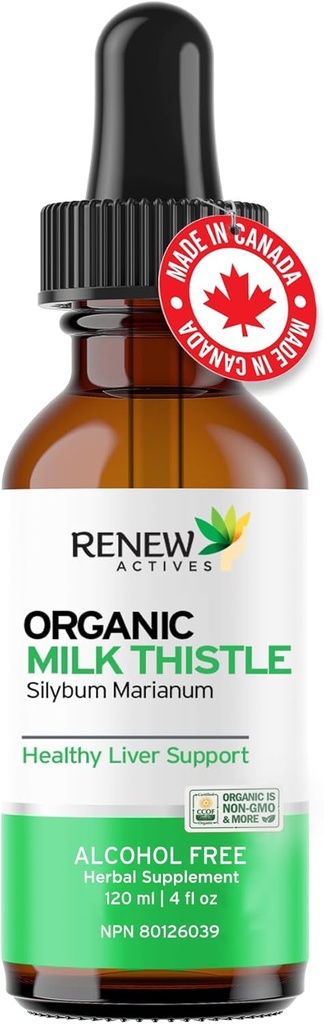 Rinnovare attivi Latte Thistle Liquid Extract 110MG per 2ML – Supporto per fegato Gocce per la salute ottimale – No Alcol, Non OGM, Vegan – Supporta la funzione e la salute digestiva del fegato – Made in Canada – 4 fl oz