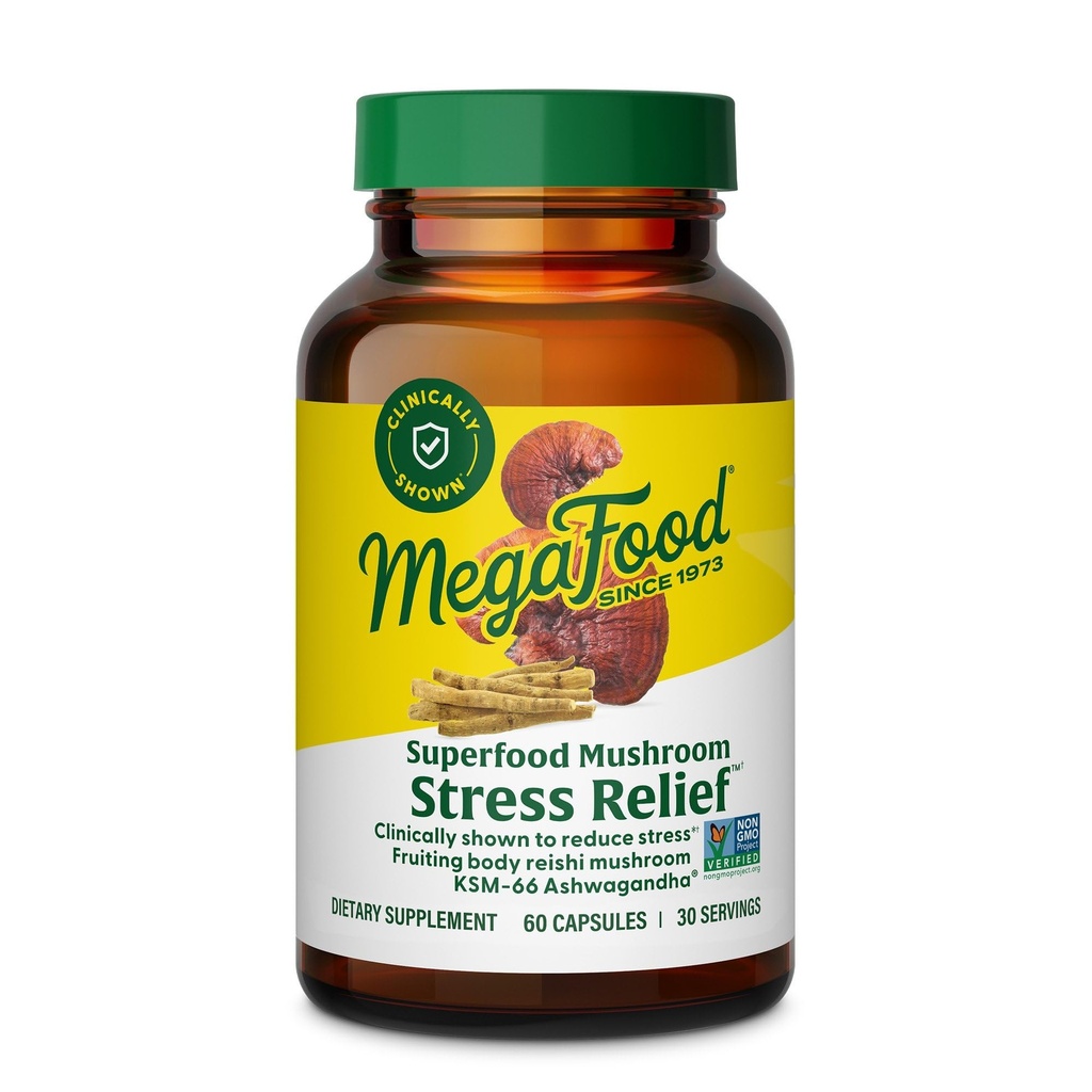 MegaFood Superfood Mushroom Stress Relief - Reishi Mushroom Supplemento Clinicamente Studiato per ridurre lo stress - Dottore Formulato con Ashwagandha KSM 66 - Vegan, senza glutine - 60 capsule, 30 Servings