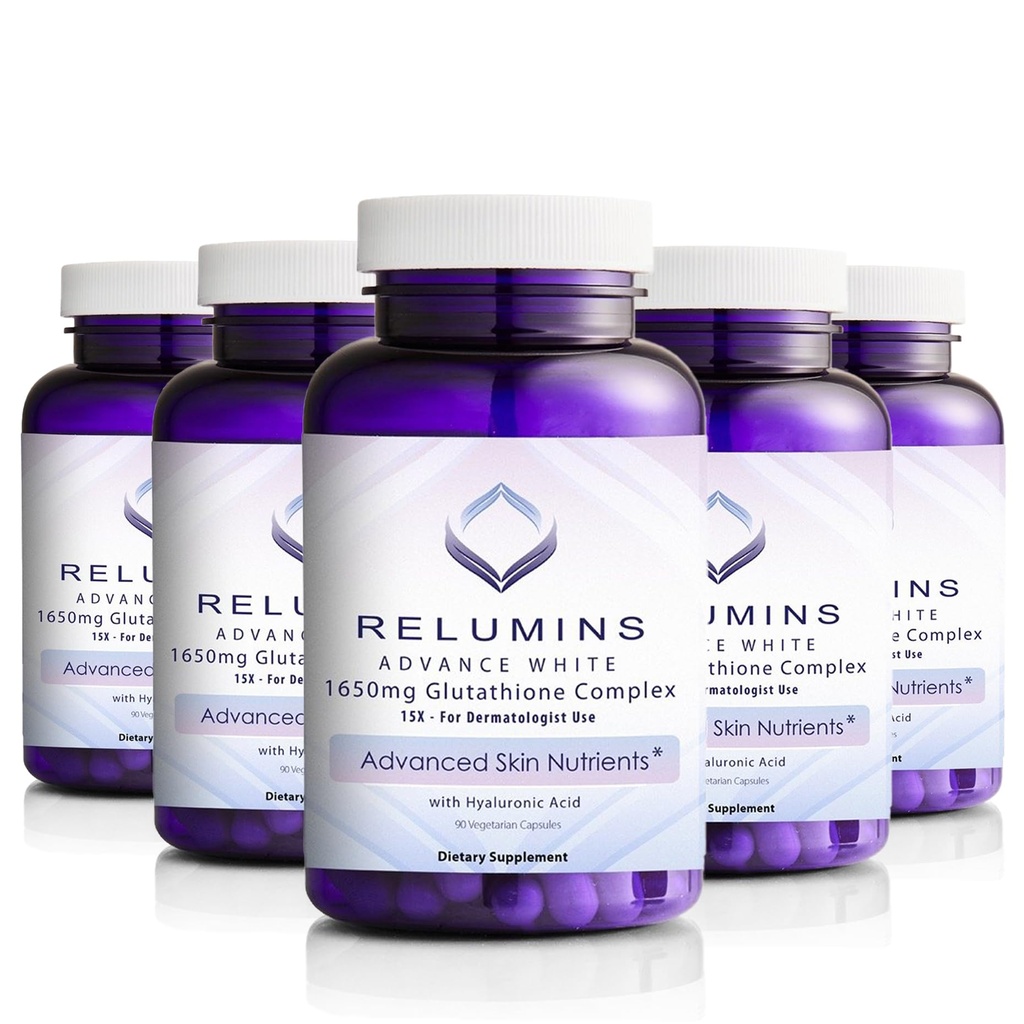 Relumins L-Glutathione Complex 1650mg - Supporto antiossidante con acido alfa lipoico, NAC, L-metionina, vitamina E, integratore per la salute della pelle, Made in USA - 90 capsule vegetariane x 5 bottiglie