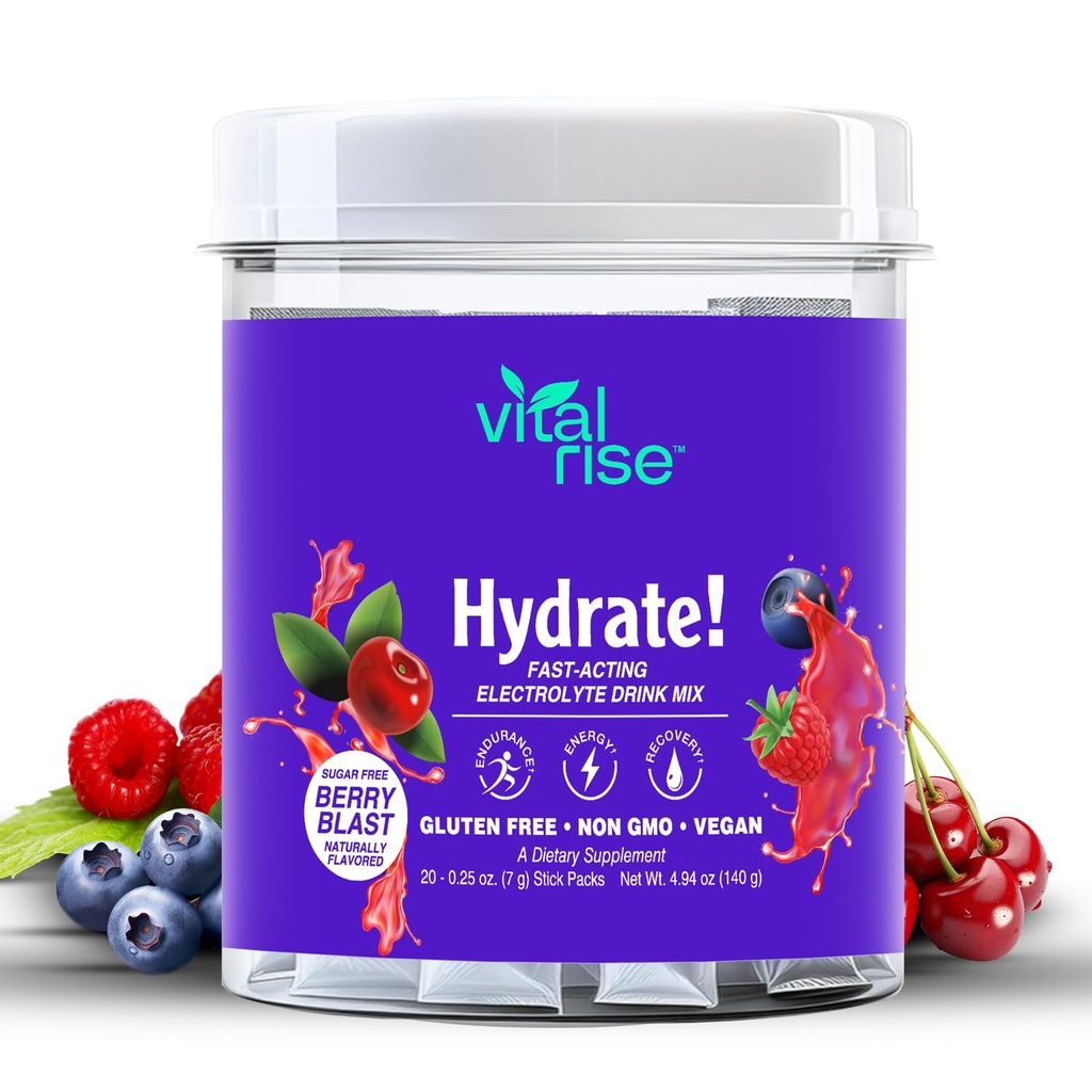 Vital Rise® Hydrate! - Berry Blast - Idration Powder Packets | Low Sodium Electrolyte Drink Mix | Easy Open Single-Serving Stick | Non-GMO | 20 Serve (Pack of 1)