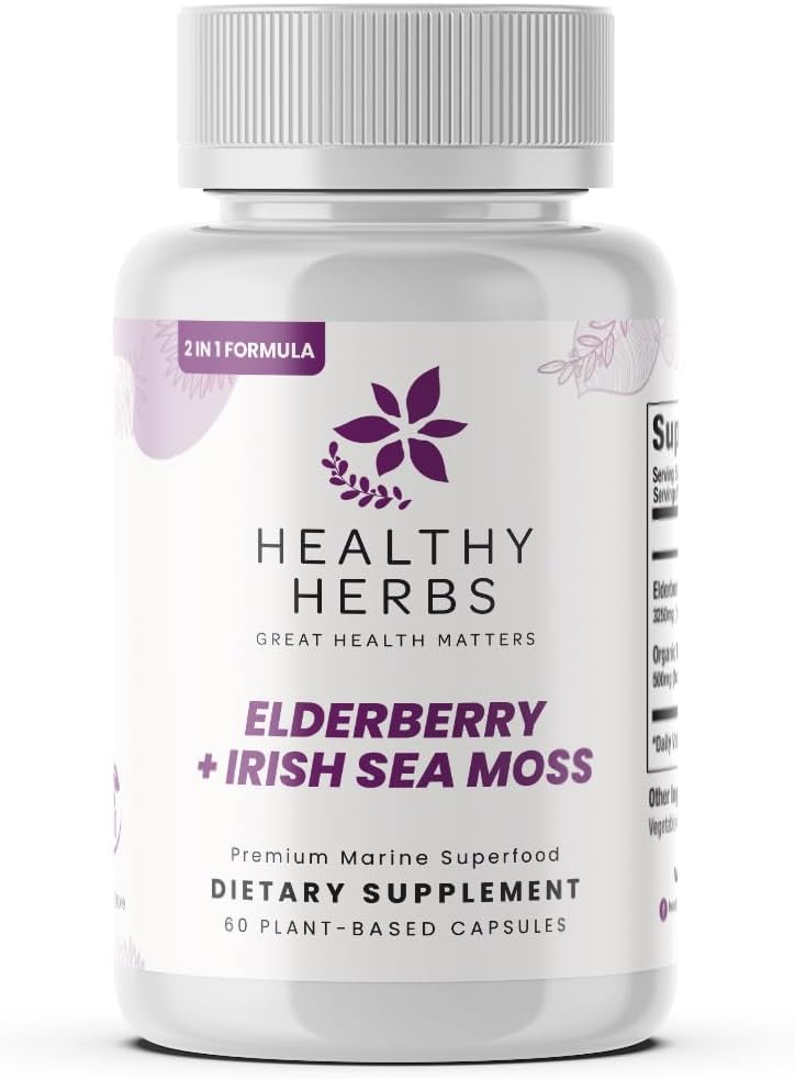 Erbe salutari Wildcrafted Elderberry Sea Moss Capsule | 2600mg Irish Sea Moss + Elderberry Essentials Blend | US-Made, Vegan, Non-GMO, Easy-Swallow (60 capsule)