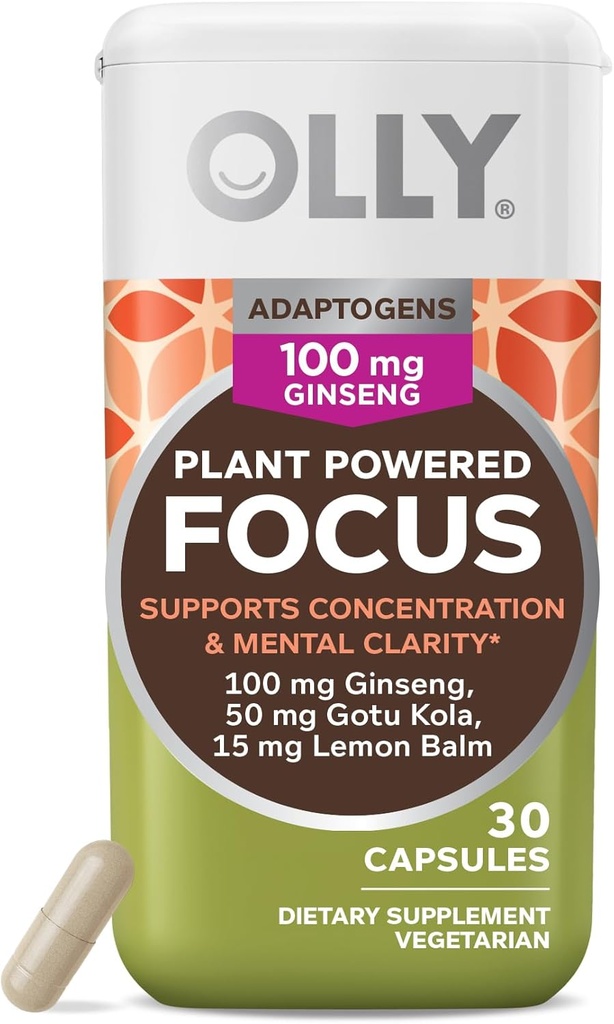 OLLY Focus Adaptogen, Ginseng, Gotu Kola, Mood Support Supplement, Capsule Vegetariani - 30ct