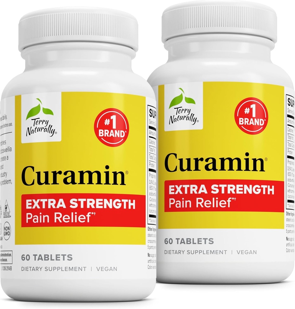 Terry Naturally Curamin Extra Strength - Curcumin & Boswellia per il supporto della circolazione sana - Supplemento currico ai giunti di sostegno, salute del muscolo & produzione di Endorphin - 60 compresse (pacchetto di 2)
