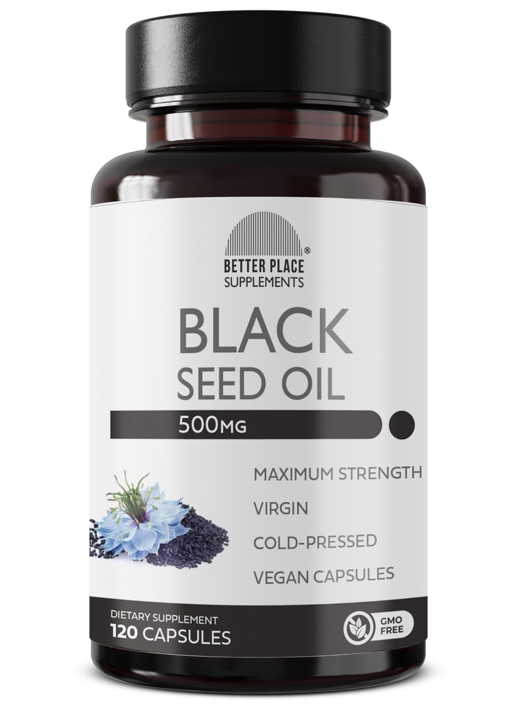 Estratto di olio di semi neri | (non OGM & Vegan) Nigella Sativa prematura a freddo che fornisce olio di semi di cumino nero puro | Super antiossidante per digestione, giunti, capelli & pelle | 500mg per capsula